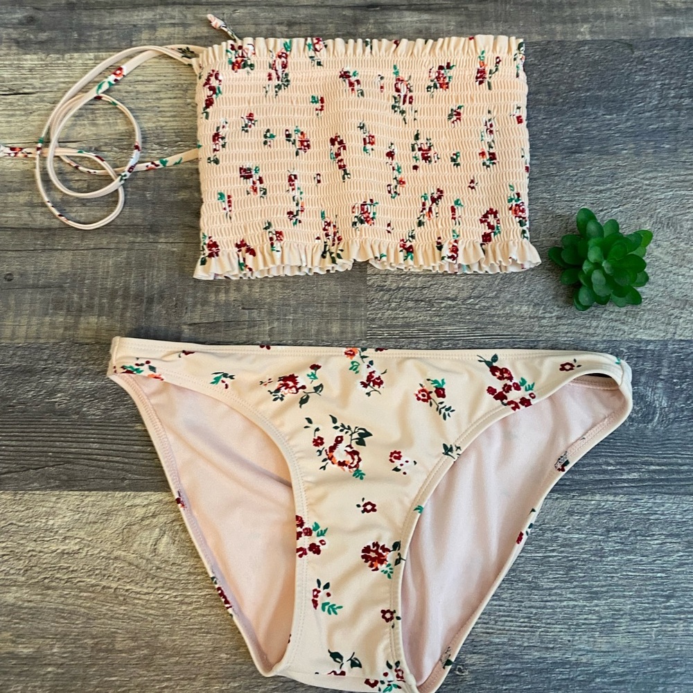 Xhilaration Pink Floral Smocked Bandeau Bikini Set